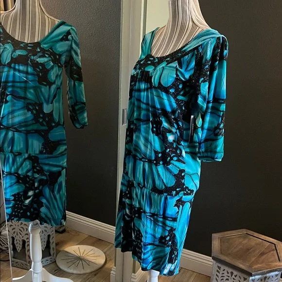 🛑 1 hour sale. NWT. BCBGMaxAzria, Small, Teal & Black Dress, Porcelain Butterfly - Picture 2 of 8